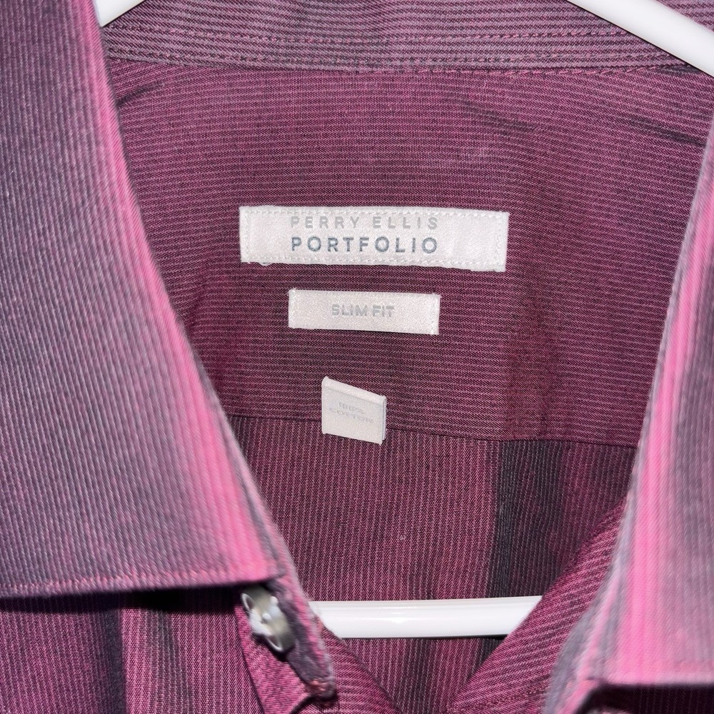 Perry Ellis Portfolio Mens Dress Shirt L 15.5 32/33 Slim Fit Red Burgundy Cotto - Picture 3 of 8